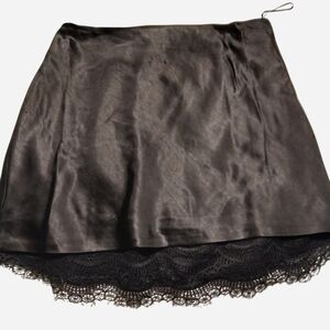 NWT En Saison Black Satin Mini Skirt with Lace Hem